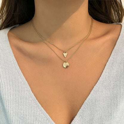 18K Gold-Plated Round and Triangle Pendant Necklace Set, jewelry gift sets for women, elegant gift for her, front view