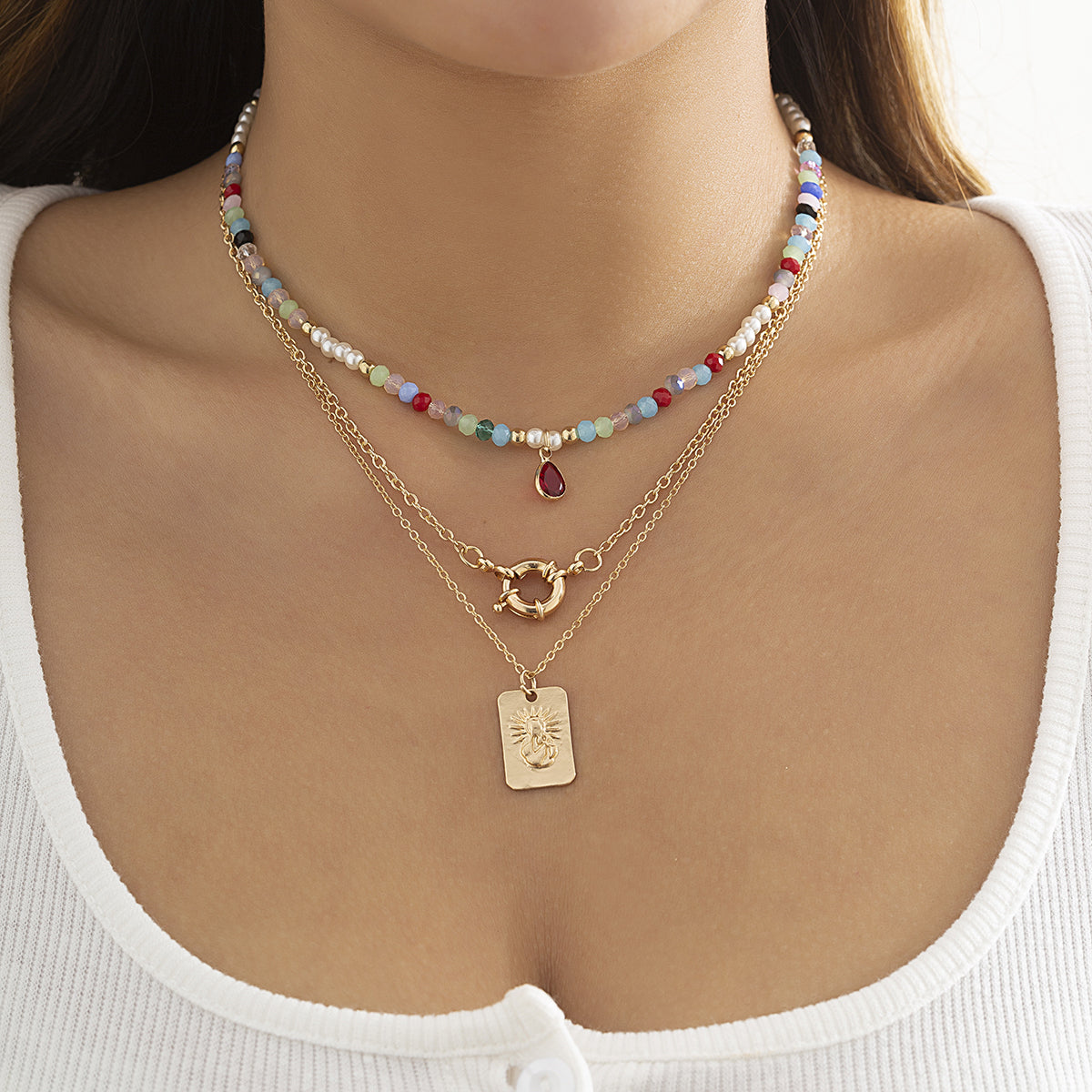 Acrylic and Crystal Pendant Necklace Set, jewelry gift sets for women, botanical inspired, front view