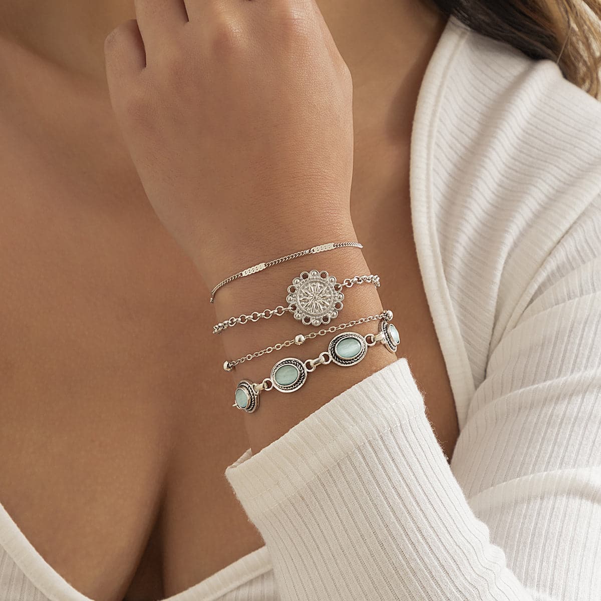 Cats Eye and Silver-Plated Oval Charm Bracelet Set, jewelry gift sets for women, botanical inspired, front view