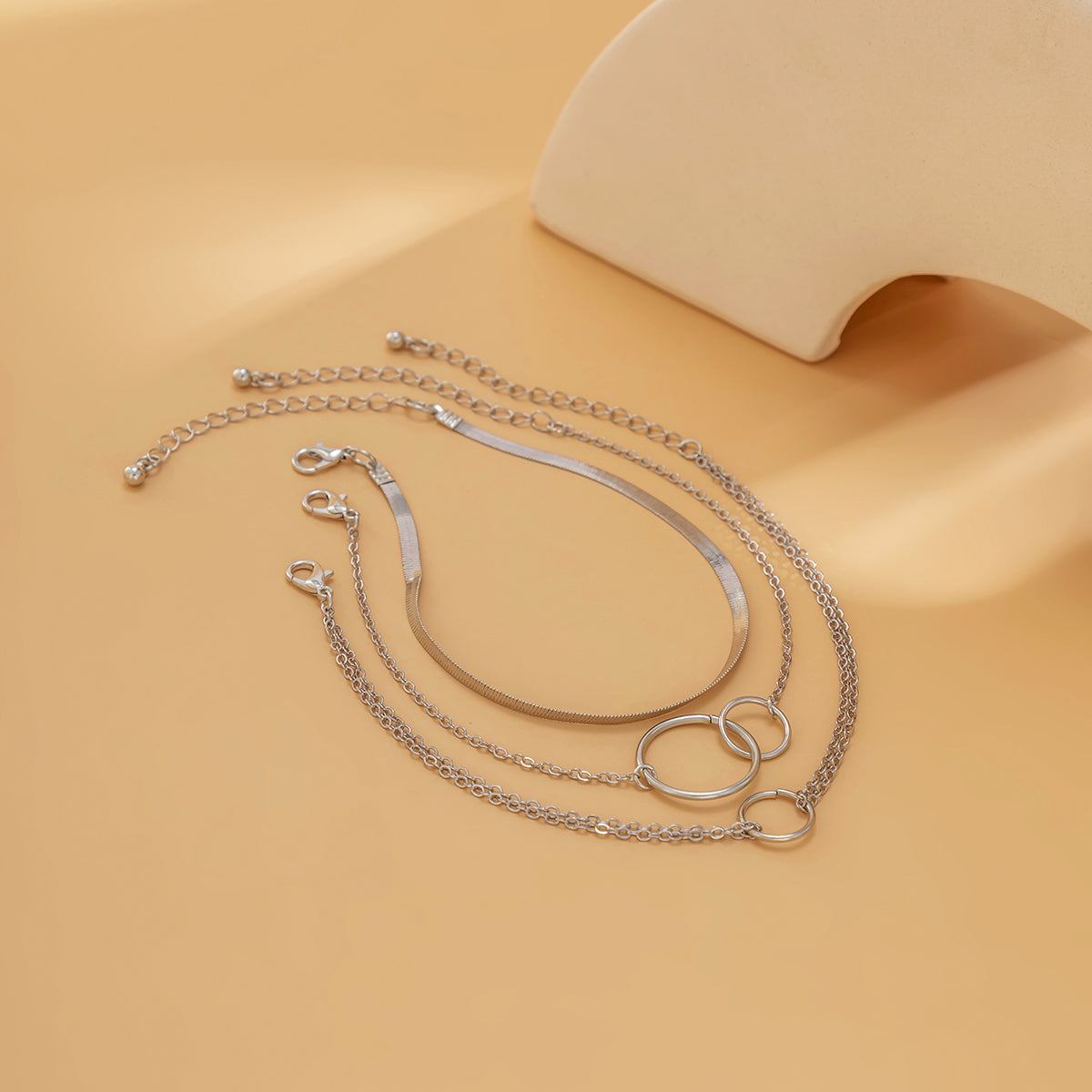 Silver-Plated Interlocked-Circle Snake-Chain Anklet Set