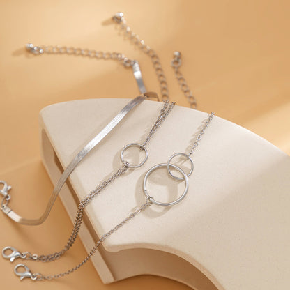 Silver-Plated Interlocked-Circle Snake-Chain Anklet Set, jewelry gift sets for women, elegant gift for her, detail close-up