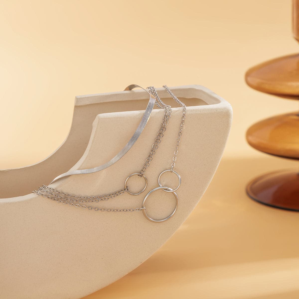Silver-Plated Interlocked-Circle Snake-Chain Anklet Set, jewelry gift sets for women, elegant gift for her, side view