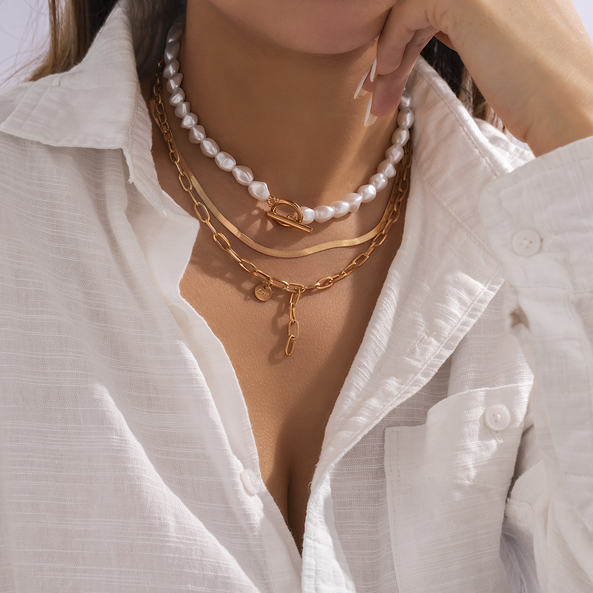 Pearl & 18K Gold-Plated Snake Chain Necklace Set