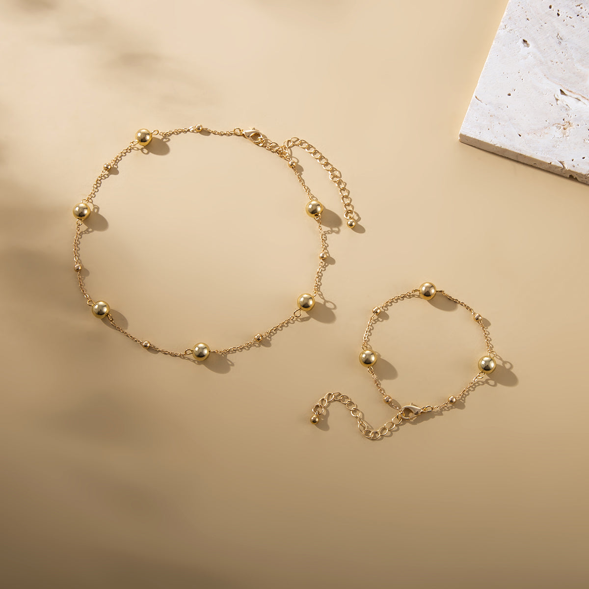 18K Gold-Plated Bead Chain Necklace & Bracelet Set