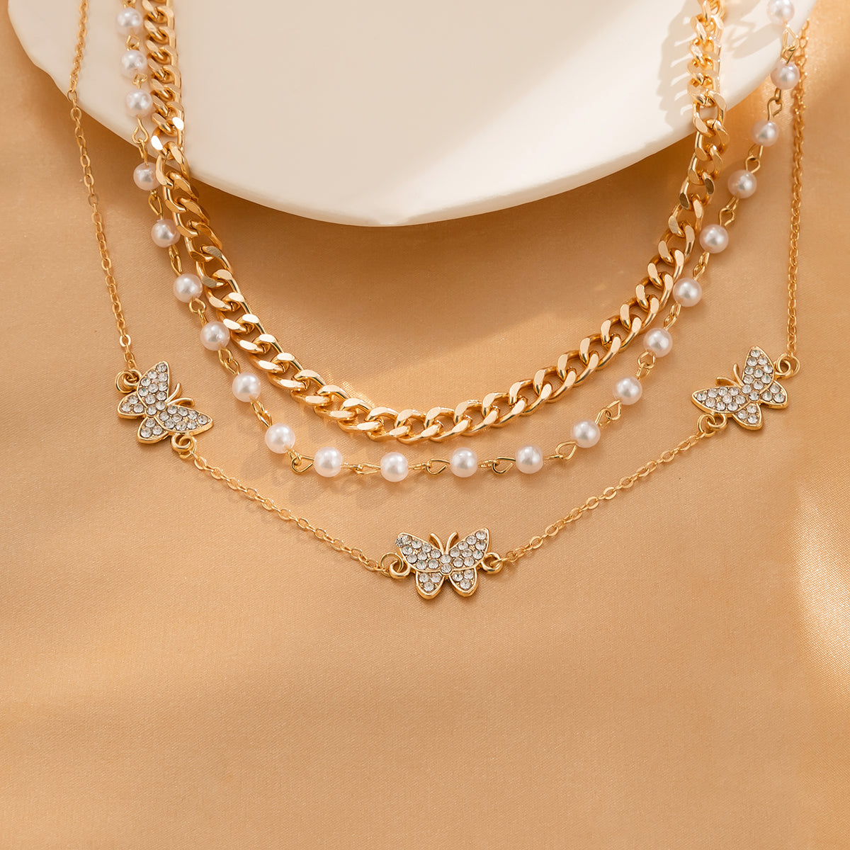 Cubic Zirconia & Pearl 18K Gold-Plated Butterfly Necklace Set