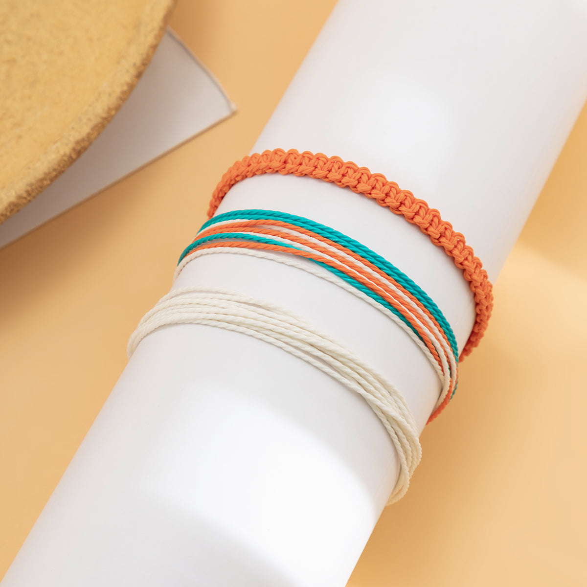 Teal and Orange Cord Bracelet Set, jewelry gift sets for women, everyday style, detail close-up