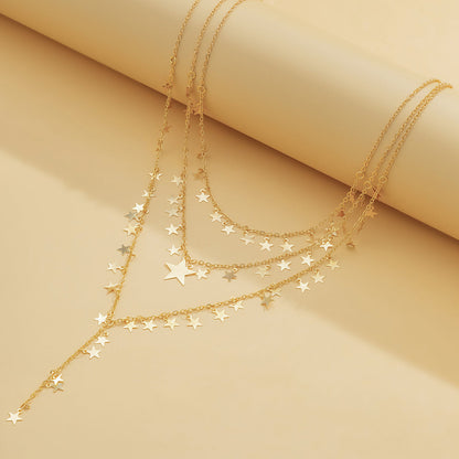 18K Gold-Plated Star Chain Statement Necklace Set, jewelry gift sets for women, vintage-inspired design, detail close-up