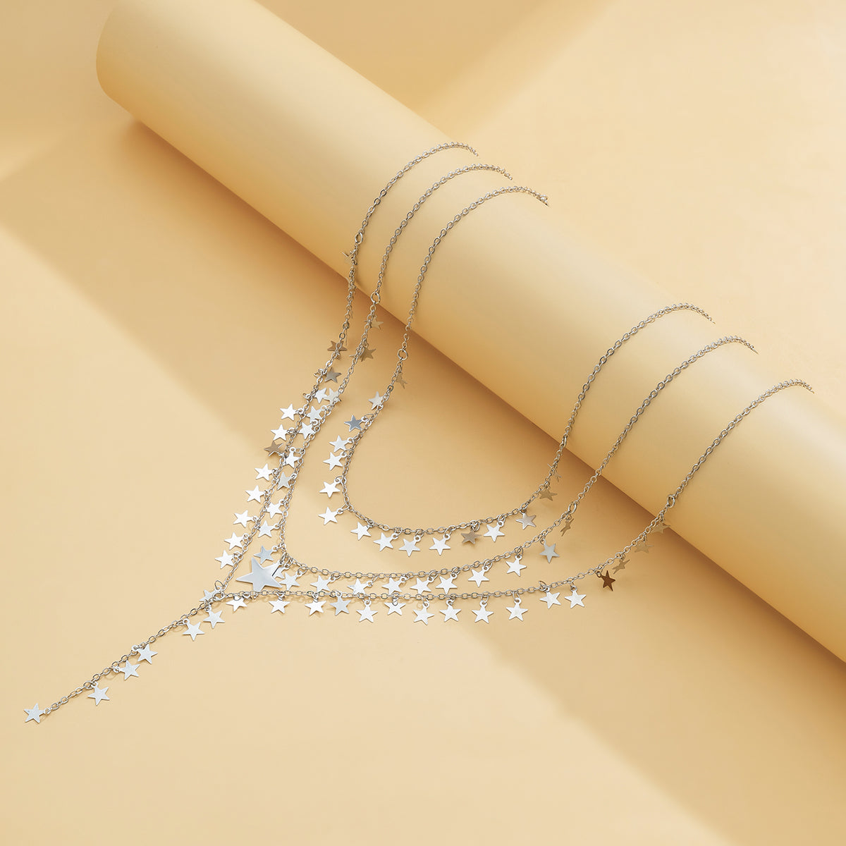 Silver-Plated Star Chain Drop Necklace Set, jewelry gift sets for women, botanical inspired, detail close-up