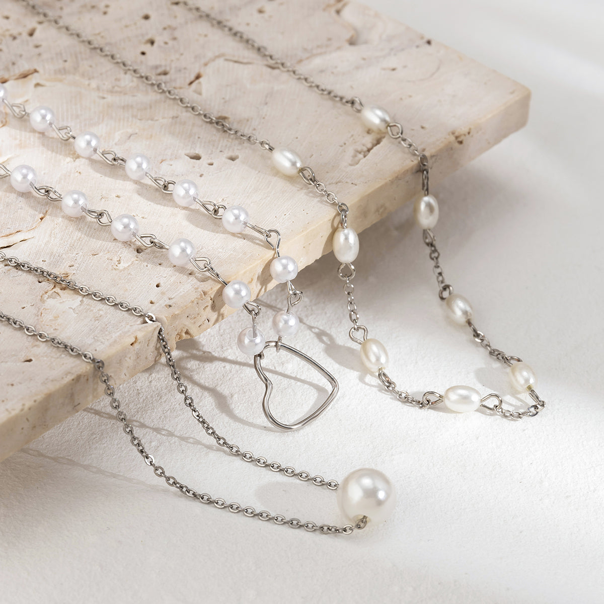 Pearl & Silver-Plated Heart Pendant Necklace Set