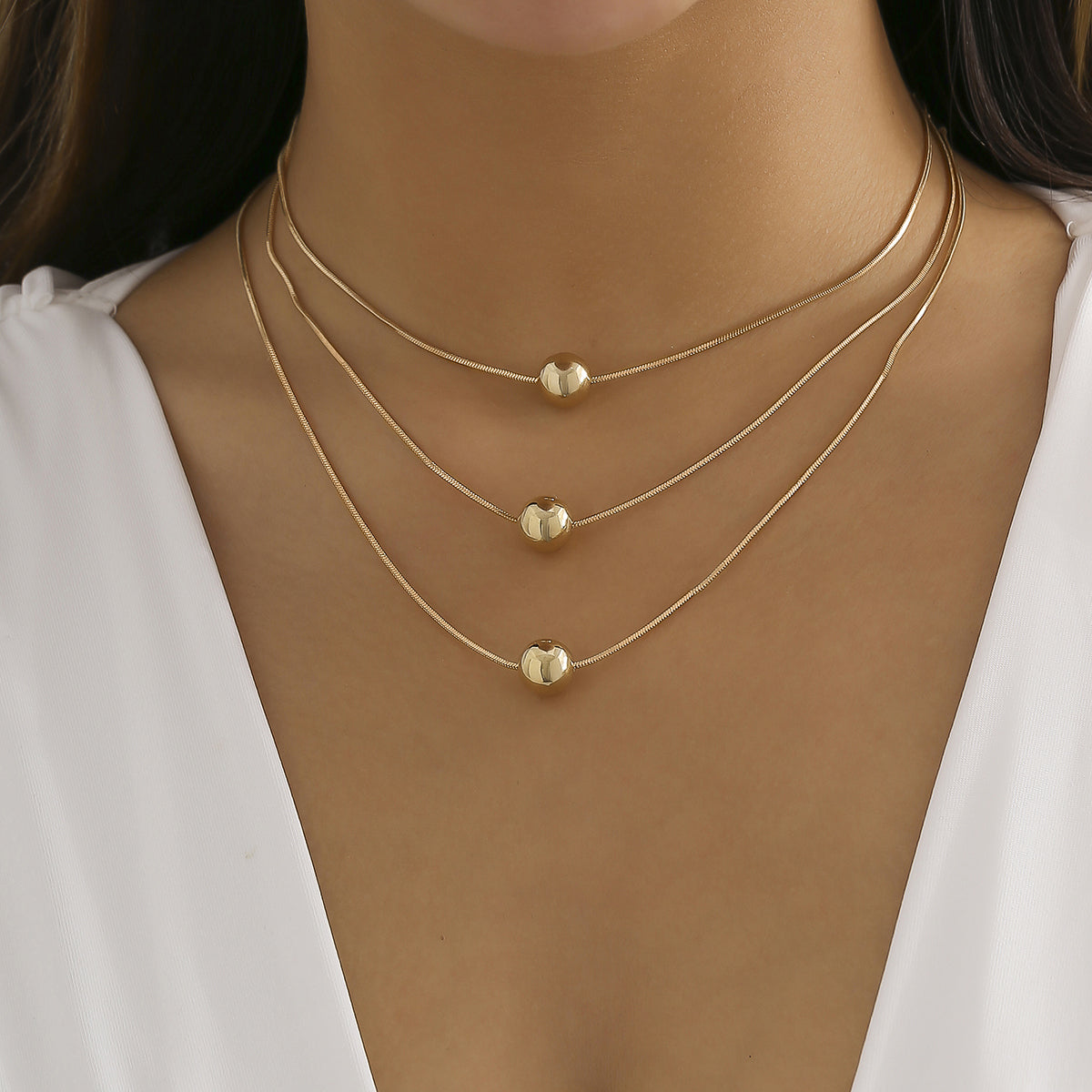 18K Gold-Plated Ball Necklace Set, jewelry gift sets for women, dainty minimalist design, front view