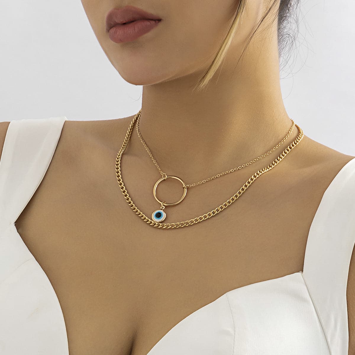 Blue Enamel & 18K Gold-Plated Evil Eye Pendant Necklace & Curb Chain Necklace Set