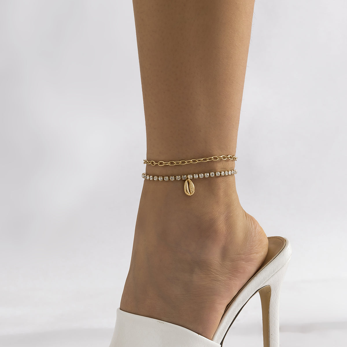 Cubic Zirconia and 18K Gold-Plated Chain Ankle and Shell Charm Anklet, jewelry gift sets for women, front view