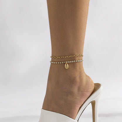 Cubic Zirconia and 18K Gold-Plated Chain Ankle and Shell Charm Anklet, jewelry gift sets for women, front view