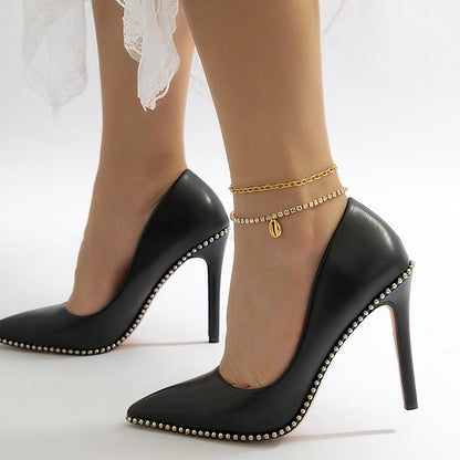 Cubic Zirconia and 18K Gold-Plated Chain Ankle and Shell Charm Anklet, jewelry gift sets for women, detail close-up