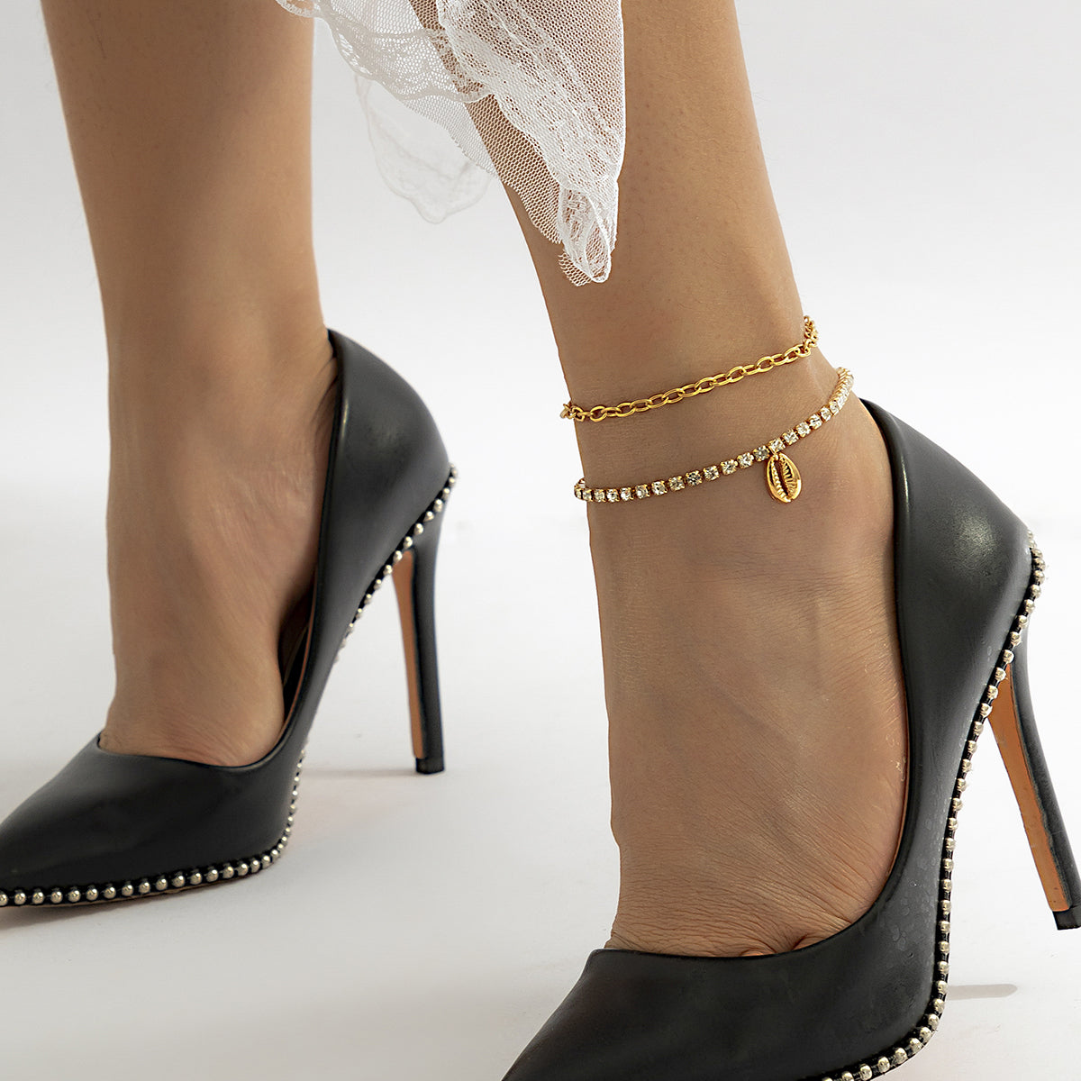 Cubic Zirconia & 18K Gold-Plated Chain Ankle & Shell Charm Anklet