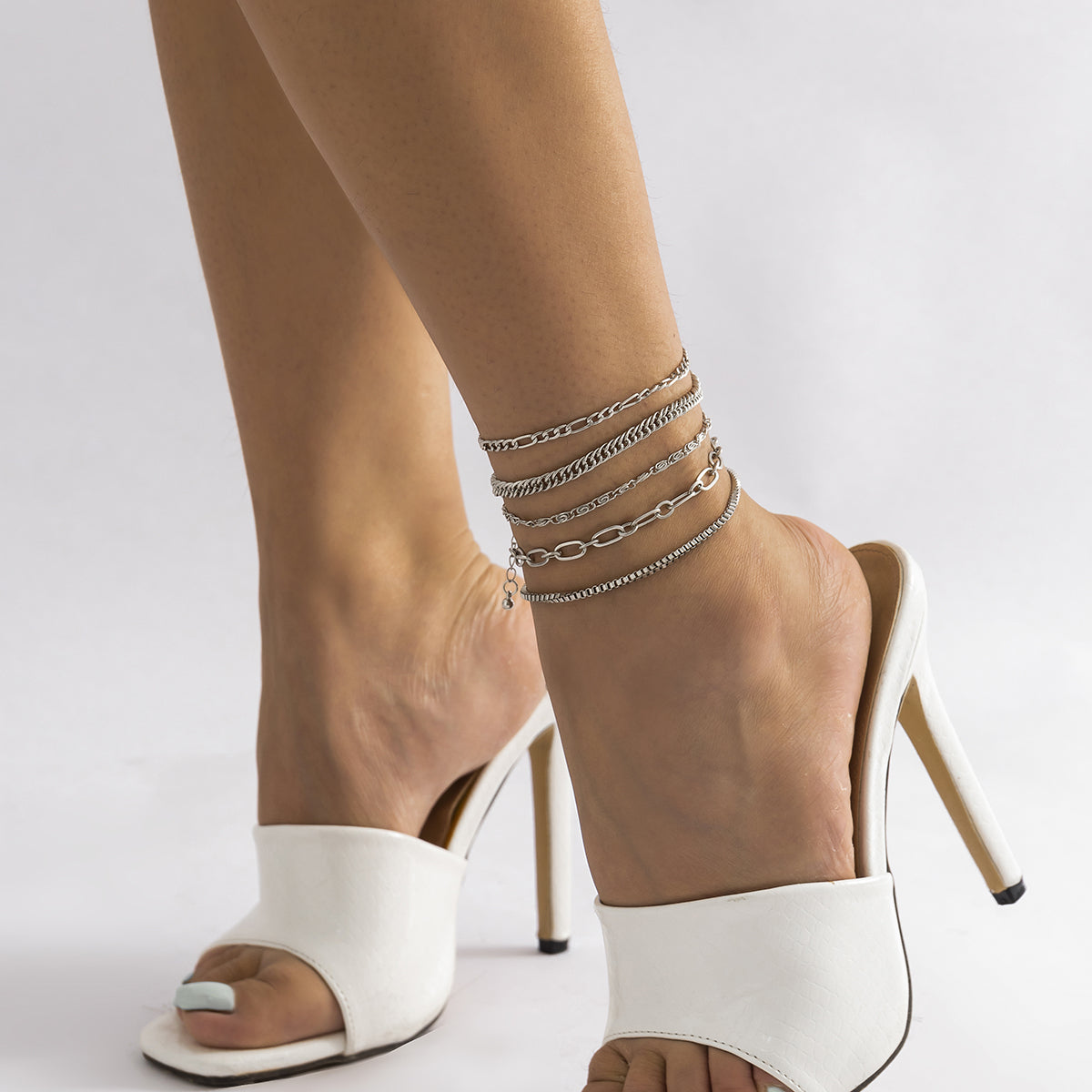 Silver-Plated Curb Chain Anklet Set