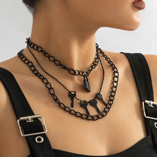 Black Lock and Key Pendant Necklace - Set Of Three, jewelry gift sets for women, everyday style, front view