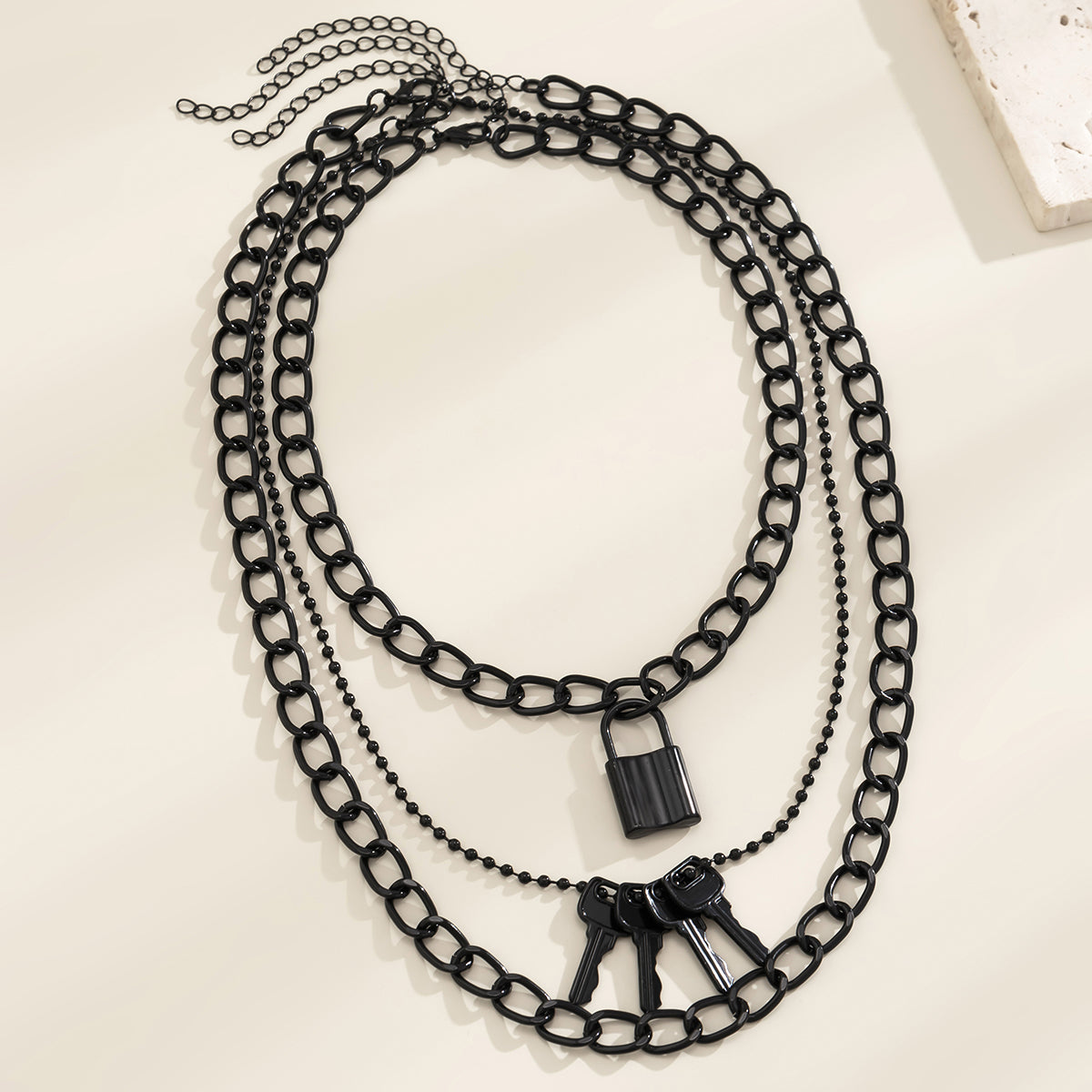 Black Lock & Key Pendant Necklace - Set Of Three