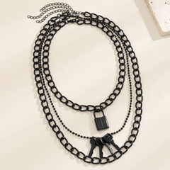 Black Lock & Key Pendant Necklace - Set Of Three