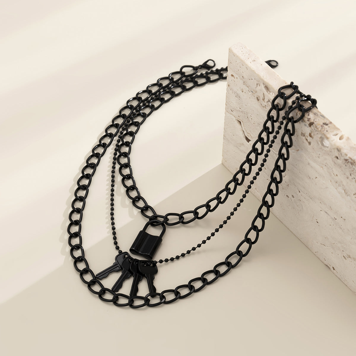 Black Lock & Key Pendant Necklace - Set Of Three