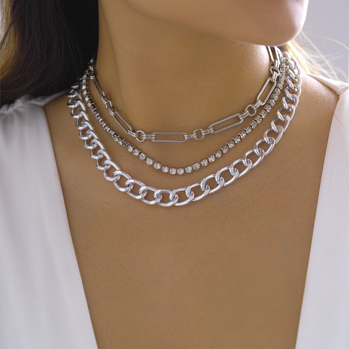 Cubic Zirconia & Silver-Plated Curb Chain Necklace Set