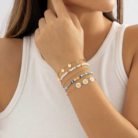 Multicolor Howlite and Enamel 18K Gold-Plated Mum Bracelet Set, jewelry gift sets for women, everyday style, front view