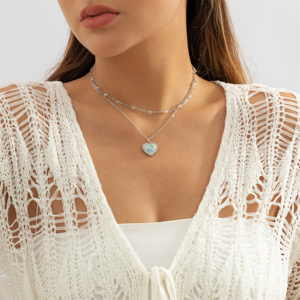 White Resin and Silver-Plated Cherry Heart Pendant Necklace, jewelry gift sets for women, elegant gift for her, side view