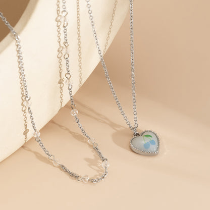 White Resin and Silver-Plated Cherry Heart Pendant Necklace, jewelry gift sets for women, detail close-up