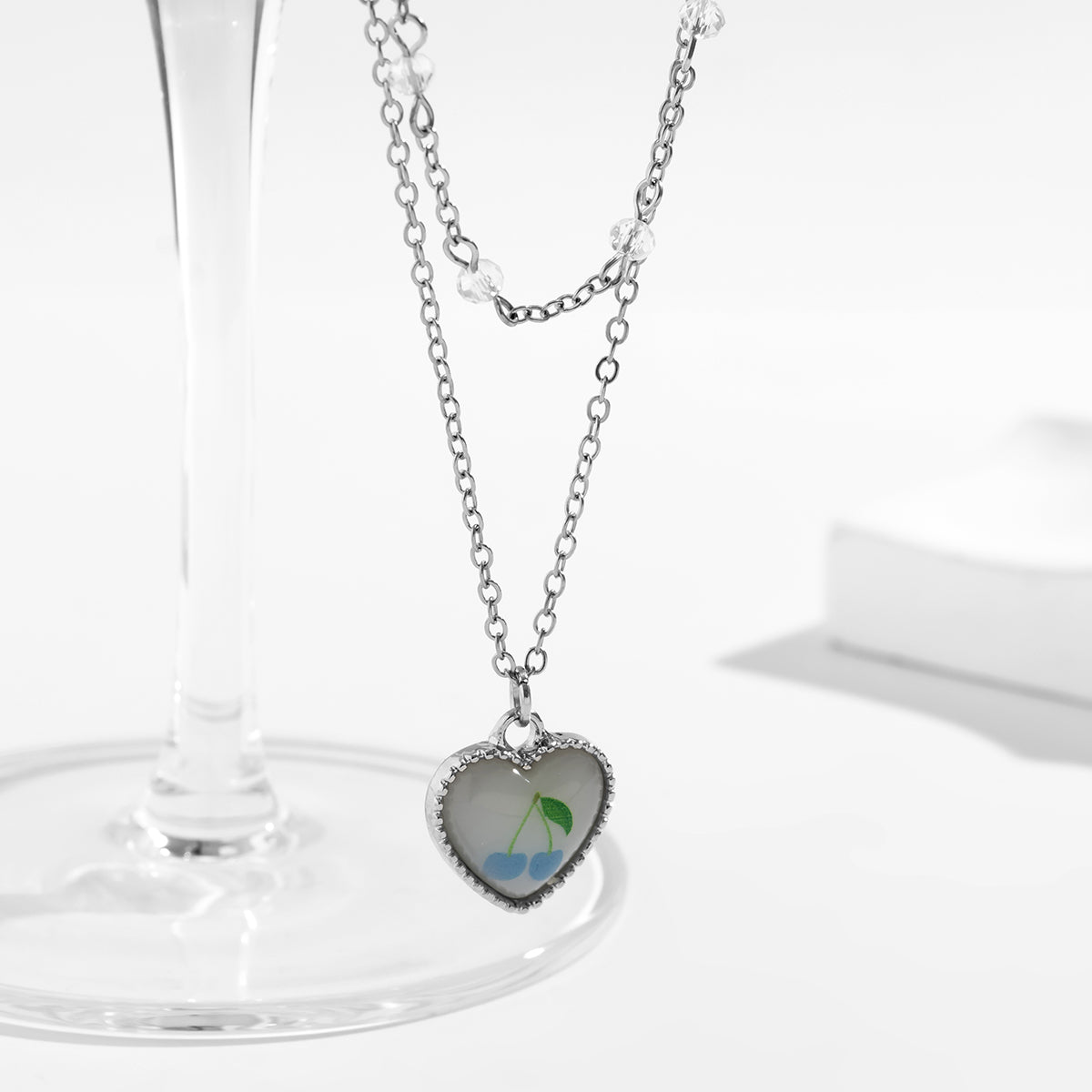 White Resin and Silver-Plated Cherry Heart Pendant Necklace, jewelry gift sets for women, lifestyle look