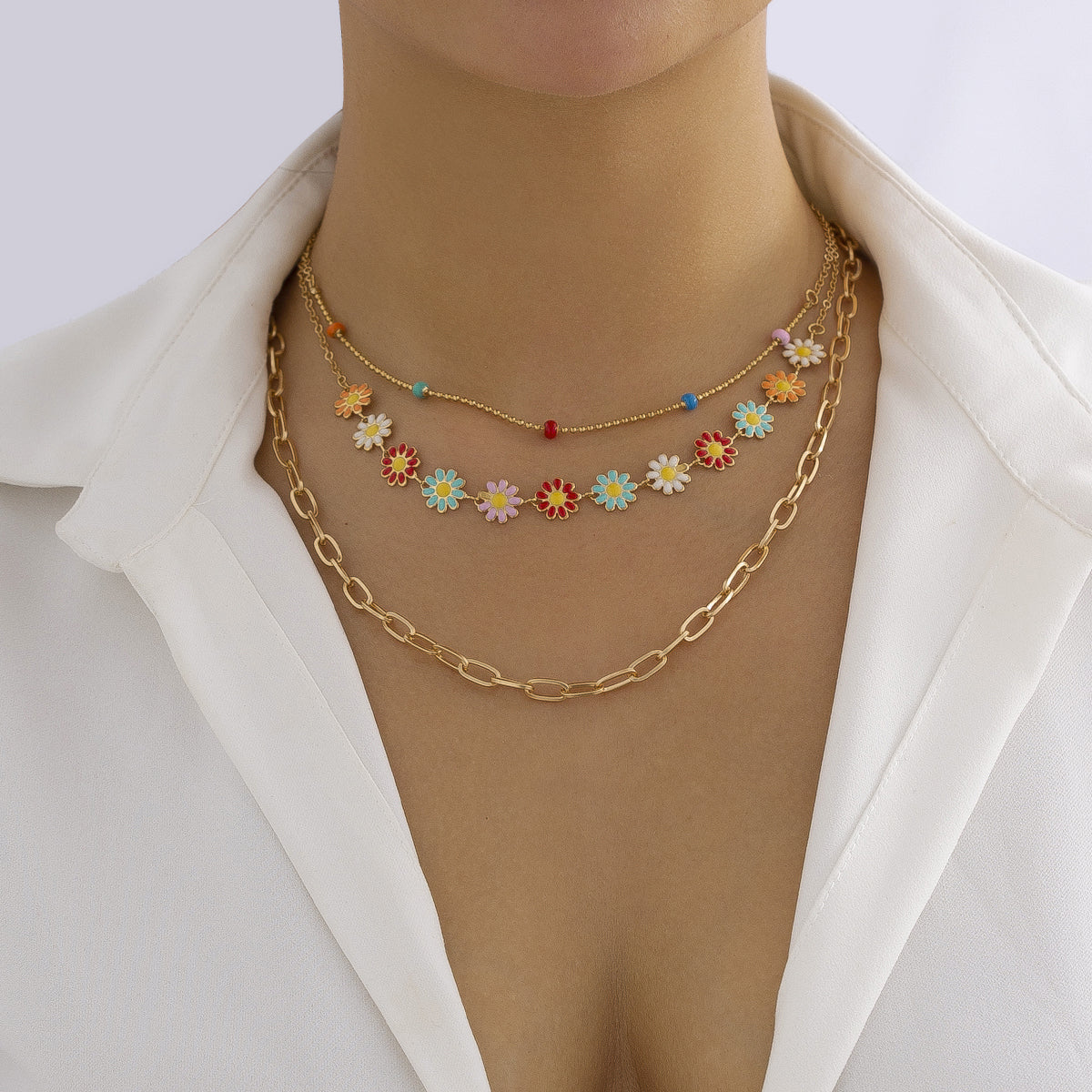 Pink Multicolor Enamel & 18K Gold-Plated Mum Necklace Set