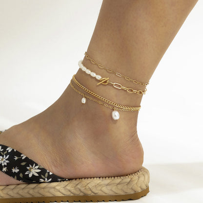 Pearl and 18K Gold-Plated Four-Piece Toggle Anklet Set, jewelry gift sets for women, botanical inspired, front view