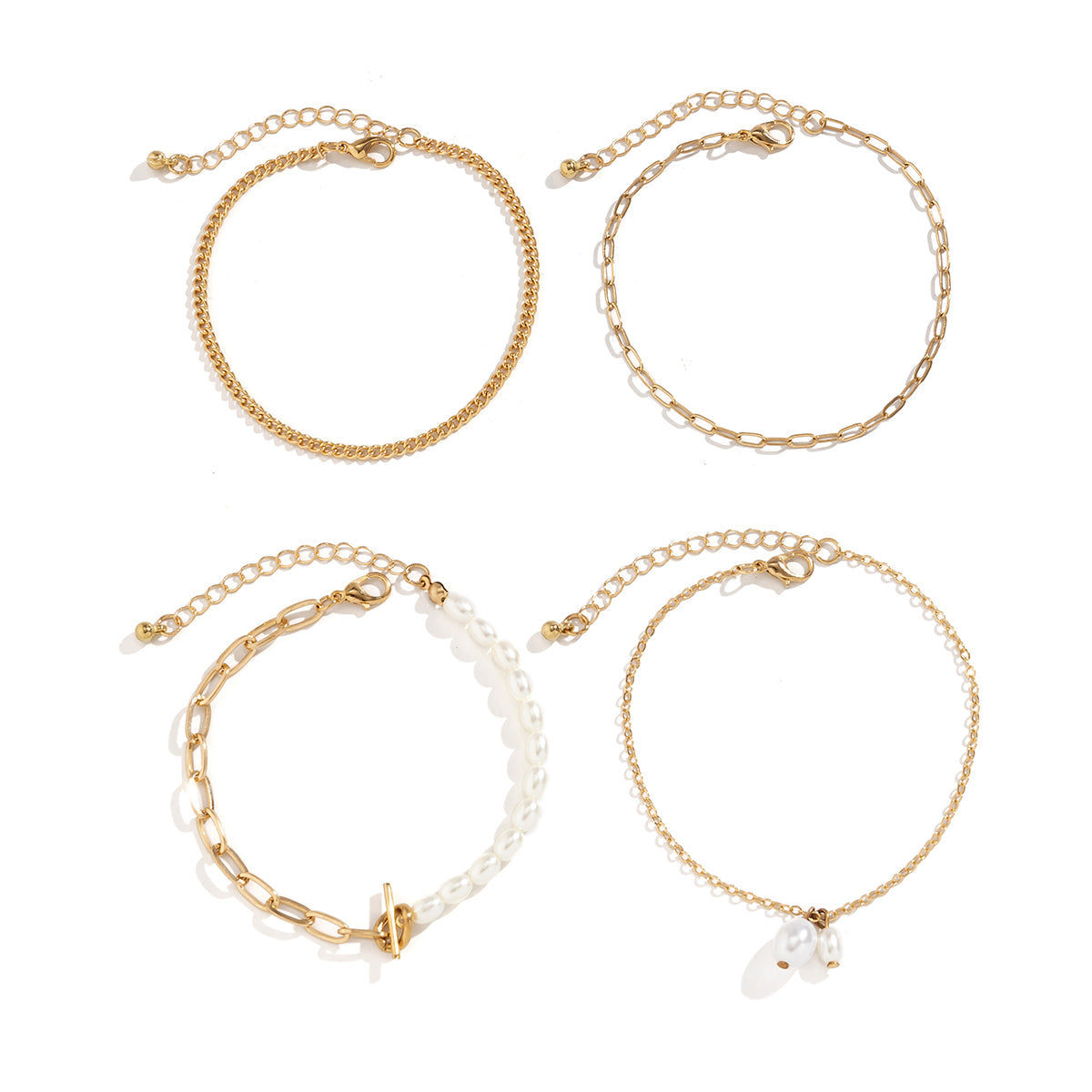 Pearl & 18K Gold-Plated Four-Piece Toggle Anklet Set