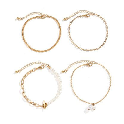 Pearl and 18K Gold-Plated Four-Piece Toggle Anklet Set, jewelry gift sets for women, botanical inspired, styled look