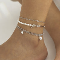 Imitation Pearl & Silvertone Four-Piece Anklet Set