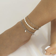 Pearl & Silver-Plated Four-Piece Anklet Set