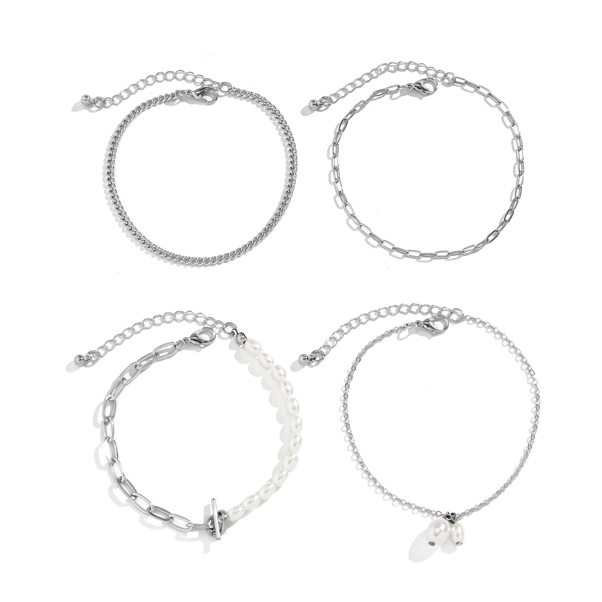 Pearl & Silver-Plated Four-Piece Anklet Set
