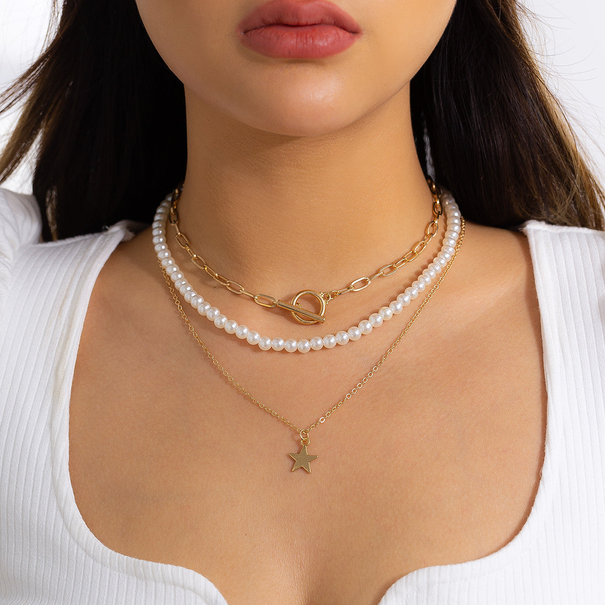 Pearl and 18K Gold-Plated Star Pendant Necklace Set, jewelry gift sets for women, everyday style, front view