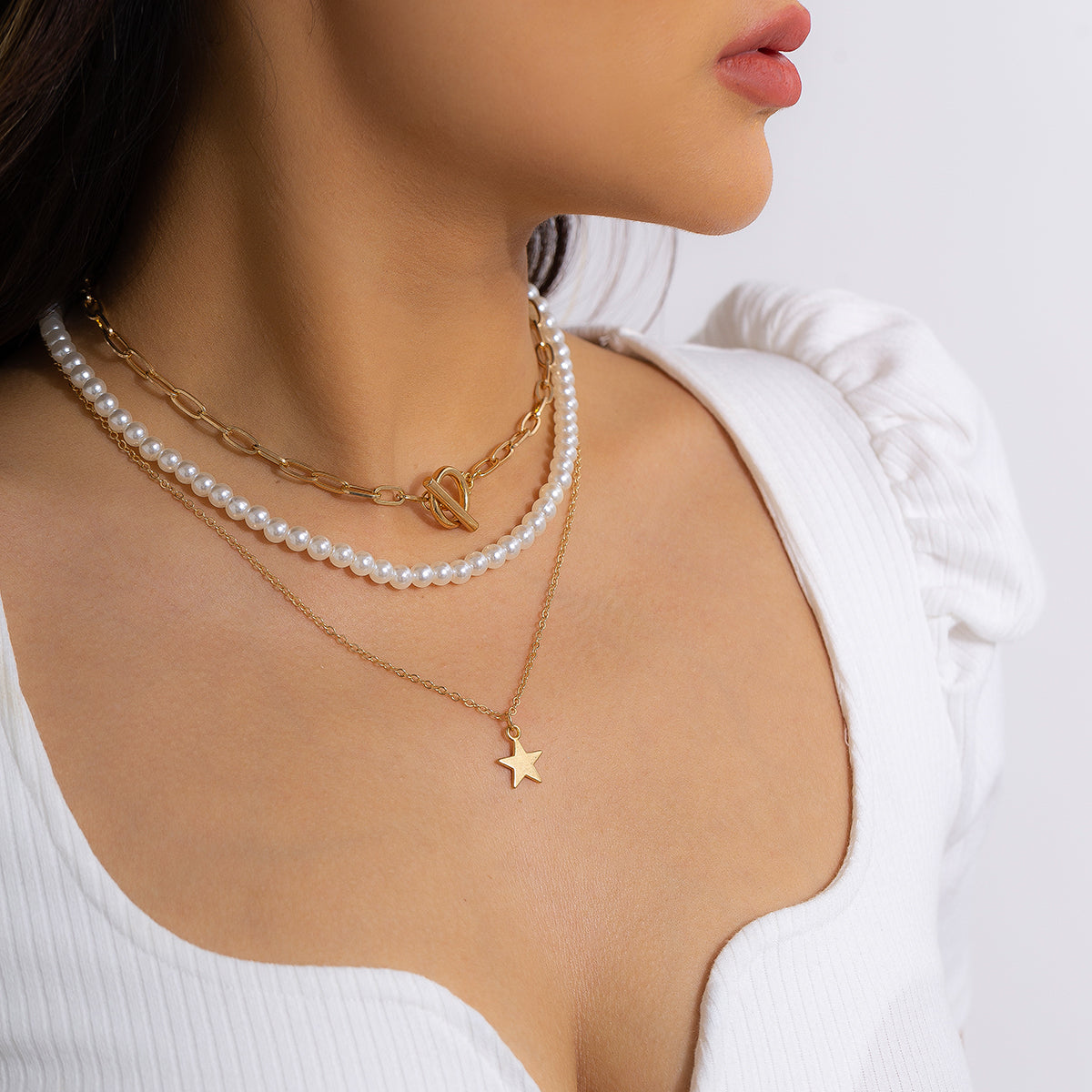 Pearl and 18K Gold-Plated Star Pendant Necklace Set, jewelry gift sets for women, everyday style, side view