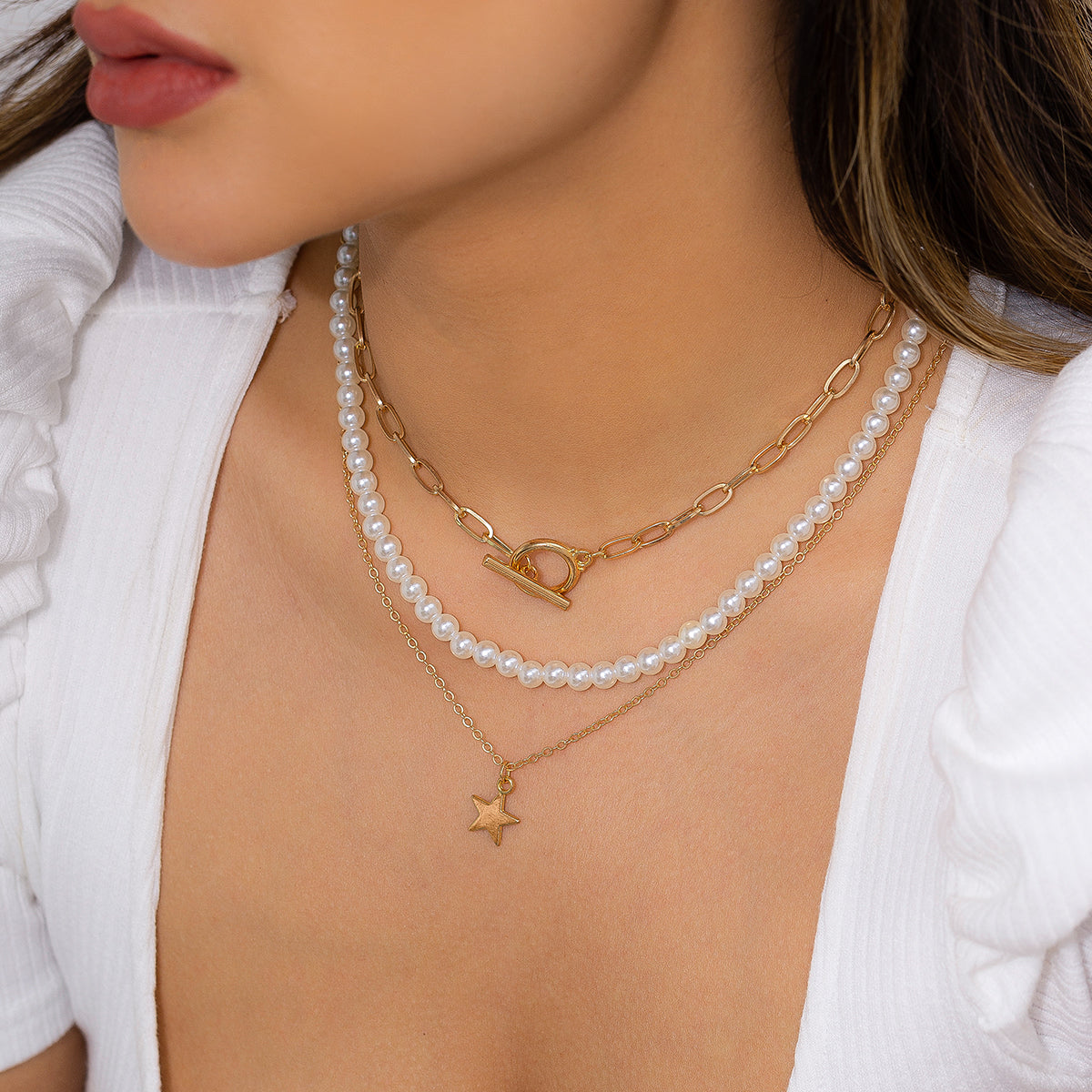 Pearl and 18K Gold-Plated Star Pendant Necklace Set, jewelry gift sets for women, everyday style, detail close-up