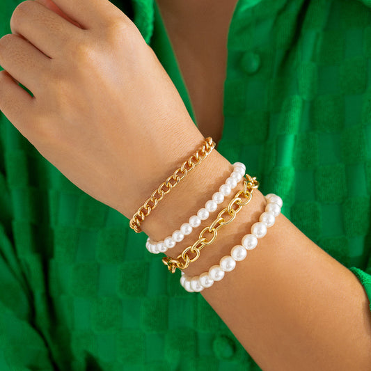 Pearl and 18K Gold-Plated Cable Chain Bracelet Set, jewelry gift sets for women, botanical inspired, front view