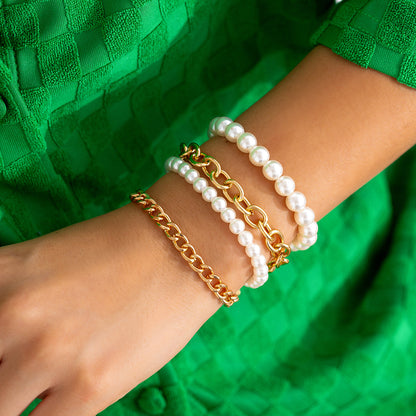 Pearl and 18K Gold-Plated Cable Chain Bracelet Set, jewelry gift sets for women, botanical inspired, side view