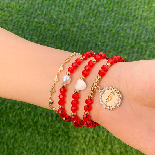 Red Crystal and Cubic Zirconia Pearl 'Shine' Charm Bracelet Set, jewelry gift sets for women, front view