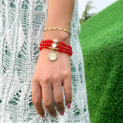 Red Crystal & Cubic Zirconia Pearl 'Shine' Charm Bracelet Set