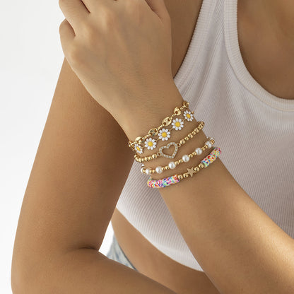 Pearl and Multicolor Polymer Clay Mum Stretch Bracelet Set, bracelet for women, botanical inspired, detail close-up