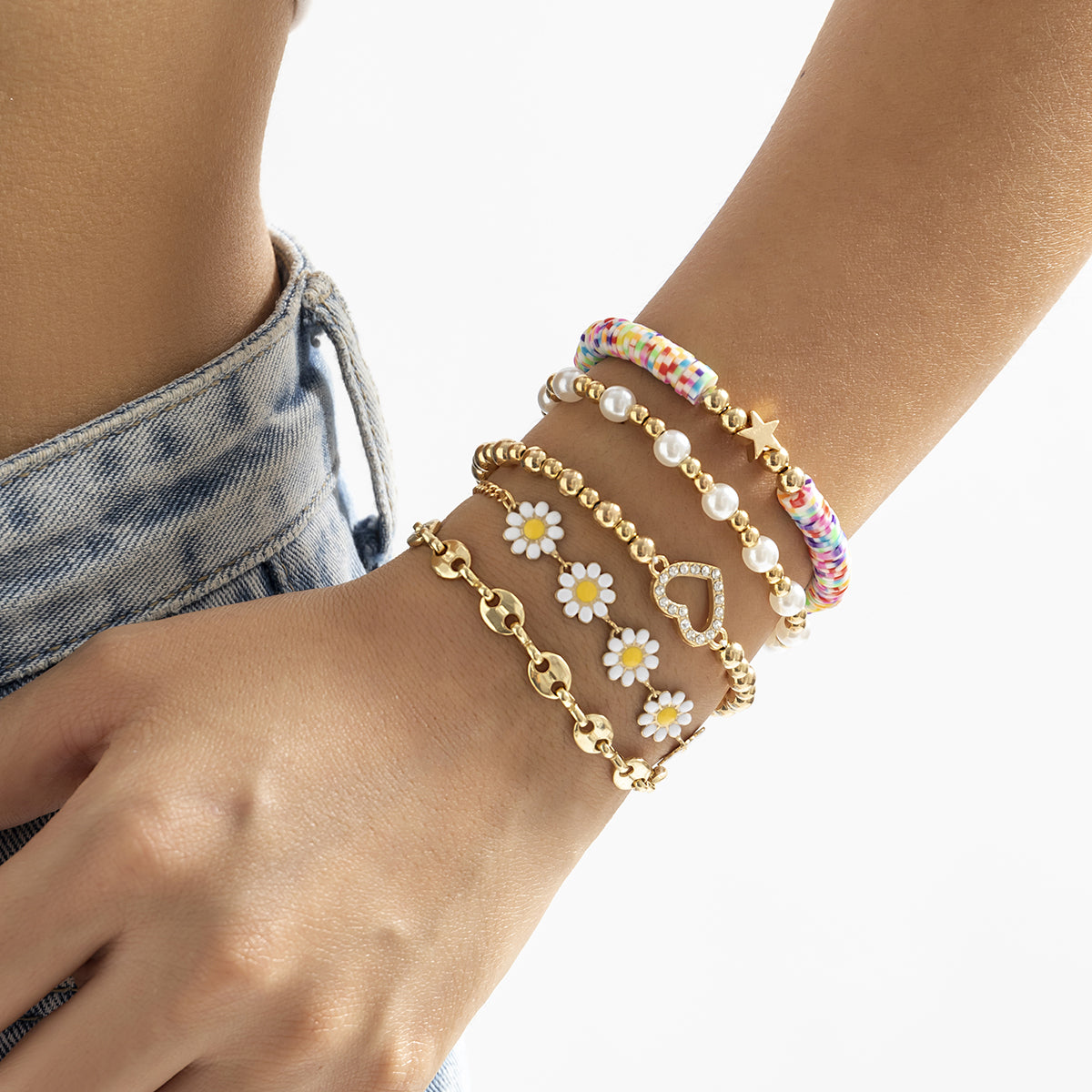 Pearl and Multicolor Polymer Clay Mum Stretch Bracelet Set, bracelet for women, botanical inspired, side view