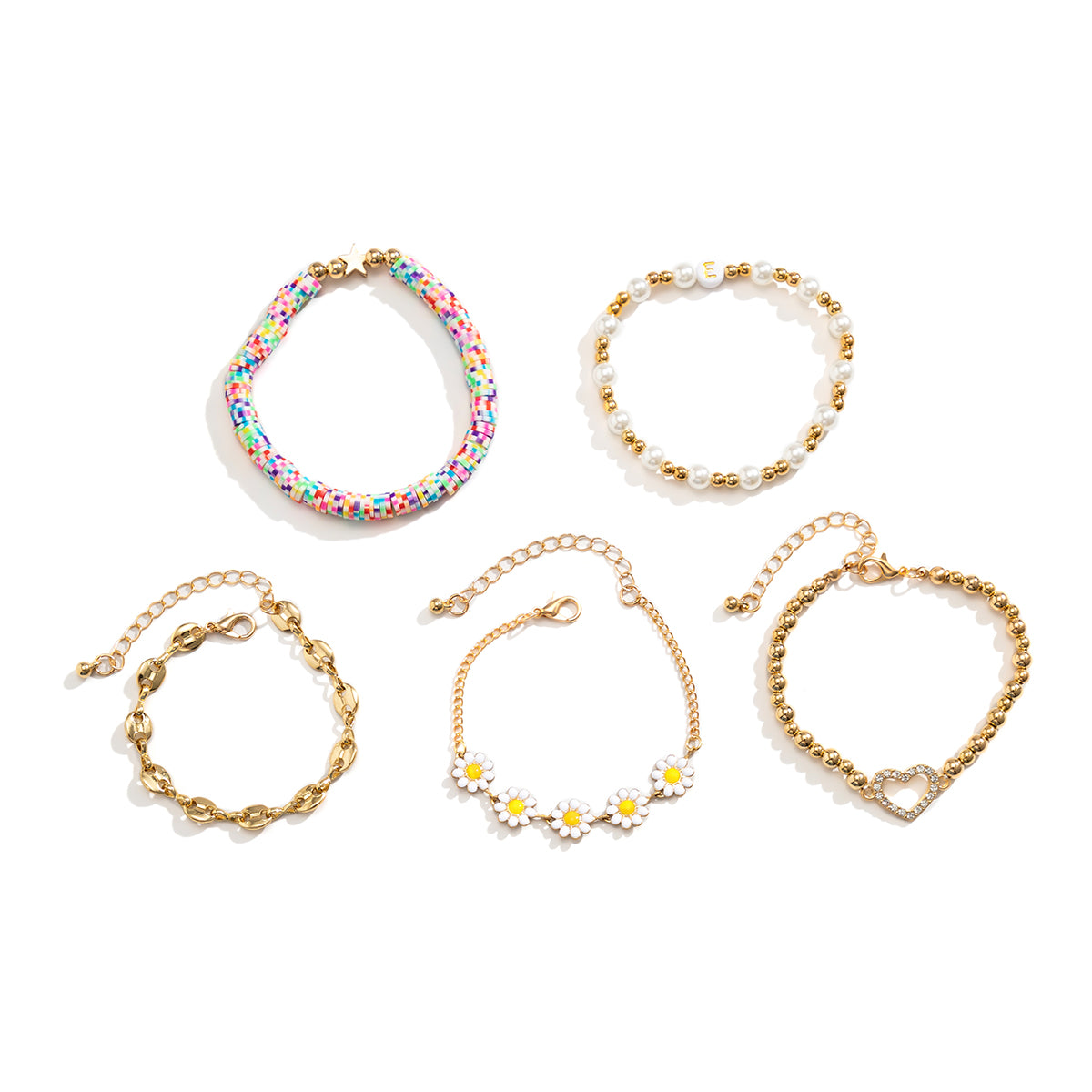 Pearl and Multicolor Polymer Clay Mum Stretch Bracelet Set, bracelet for women, botanical inspired, styled look