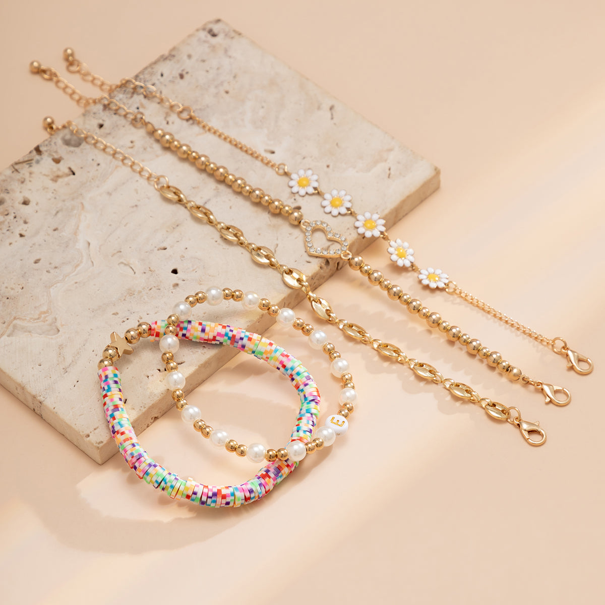 Pearl & Multicolor Polymer Clay Mum Stretch Bracelet Set