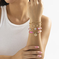 Pink Polymer Clay & Pearl Mum Four-Piece Stretch Bracelet Set