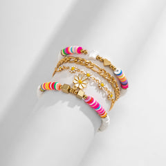 Pink Polymer Clay & Pearl Mum Four-Piece Stretch Bracelet Set