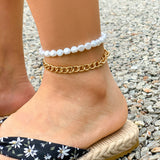 Imitation Pearl & Goldtone Anklet Set